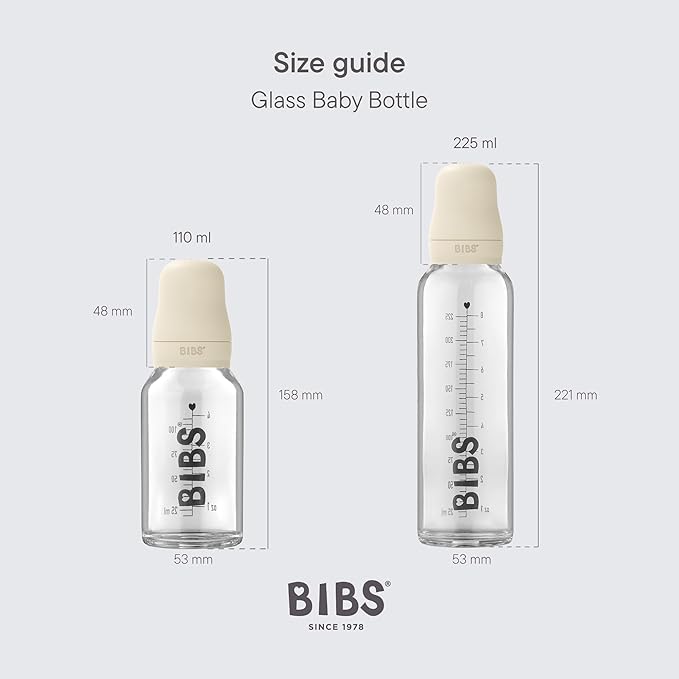 BIBS Baby Glass Bottle. Anti-Colic. Round Natural Rubber Latex Nipple. Supports Natural Breastfeeding, Complete Set - 225 ml, Dusky Lilac