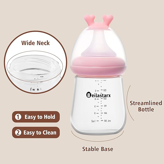 Glass Baby Bottles with Natural Response Nipple Size S - Anti Colic Baby Bottles Wide Neck Slow Flow Baby Bottle (Multicolor, 6oz (Pack of 2))