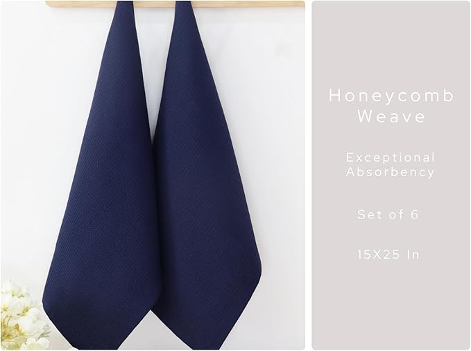PurpleEssences Waffle Weave Kitchen Towel, 100% Cotton - 15 x 25 Inches, with Hanging Loop Ultra Soft Absorbent Quick Drying Dish Cloth, Tea and Hand Towels, 6 Pack - Fall Thanksgiving - Navy Blue
