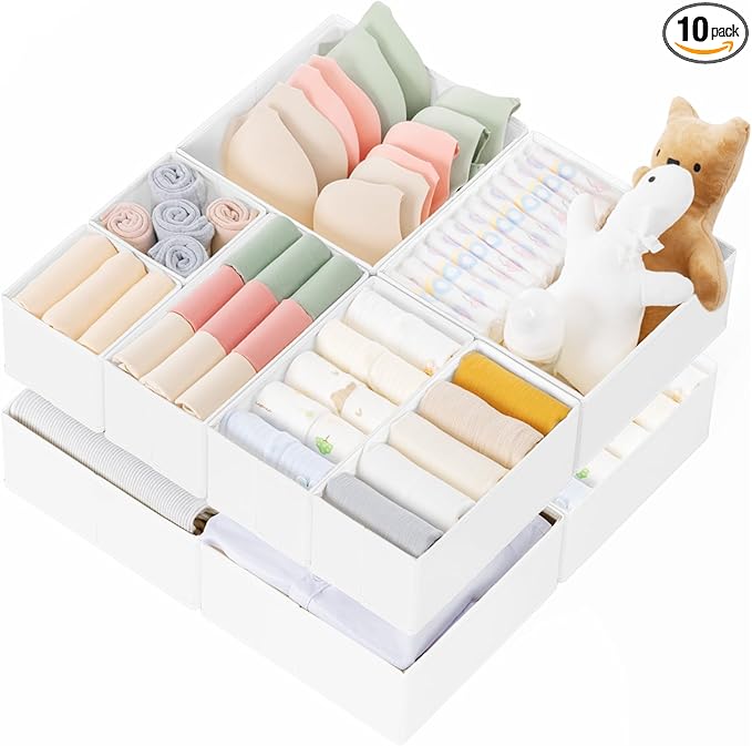 Criusia Drawer Organizer Clothes, 10 Pack Dresser Organizer for Baby Clothes, Underwear, Sock- Foldable Closet Organization and Storage Dividers Bins for Nursery, Bedroom (White)