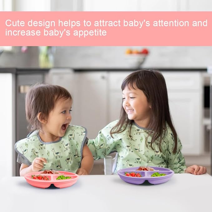 Vicloon Toddler Dishware Plate, 2 Pcs Silicone Plate with Divided Compartments, Suction Plates for Babies & Toddlers, BPA Free, Microwave & Dishwasher Safe, Includes Lids
