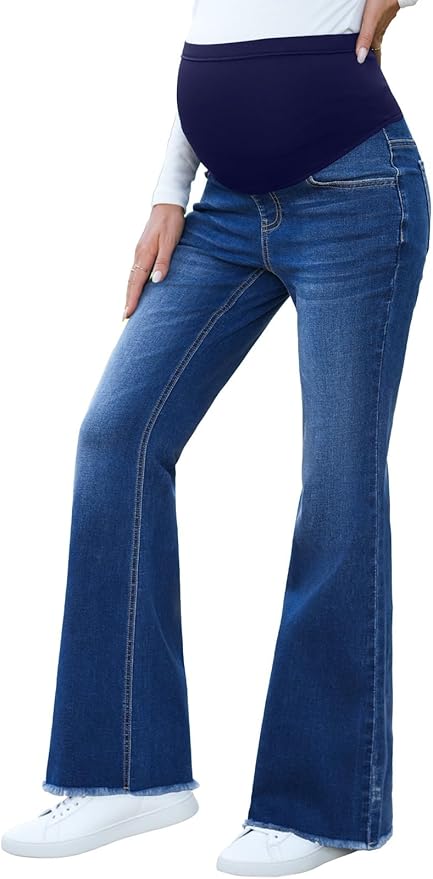 BLENCOT Maternity Jeans for Women Over Belly Pregnancy Pants Comfy Pregnant Jeans Flare Denim Jeans with Pockets