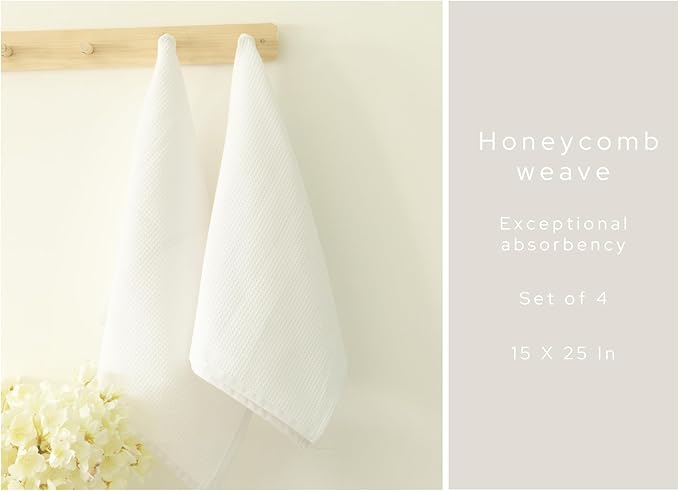 PurpleEssences Waffle Weave Kitchen Towel, 100% Cotton - 15 x 25 Inches, with Hanging Loop Ultra Soft Absorbent Quick Drying Dish Cloth, Tea and Hand Towels, 4 Pack - Fall Thanksgiving - White