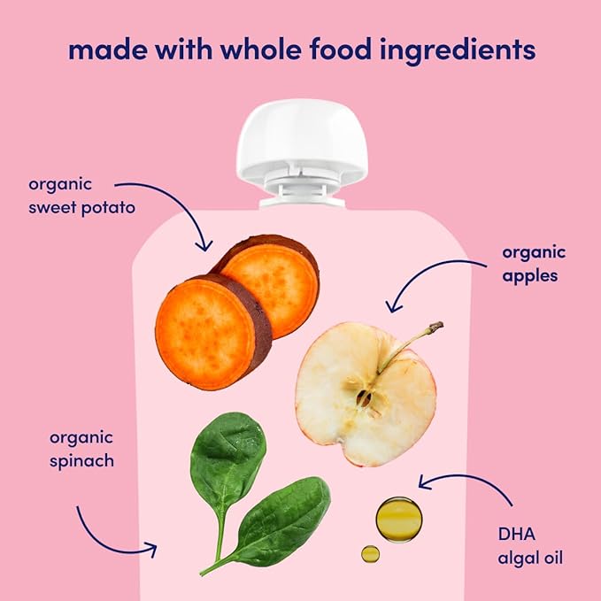 Cerebelly Organic Baby Food Pouches, Spinach Apple Sweet Potato Purees, 16 Nutrients, No Added Sugar, Fiber & Non-GMO, 4oz, 6 Pack