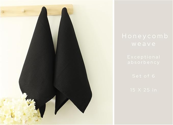 PurpleEssences Waffle Weave Kitchen Towel, 100% Cotton - 15 x 25 Inches, with Hanging Loop Ultra Soft Absorbent Quick Drying Dish Cloth, Tea & Hand Towels, 6 Pack - Fall Thanksgiving Halloween - Black
