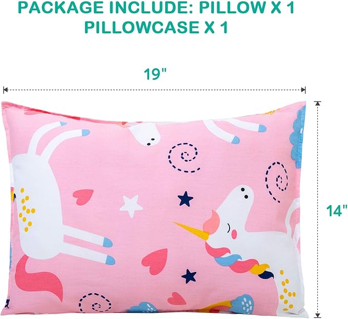 Cottonblue Kids Toddler Pillows with Pillowcases 14x19, 2 Pack Toddler Pillows with 2 100% Organic Cotton Covers, [2-Set] Kids Pillow Set for Preschool, Machine Washable, Pink Unicorn