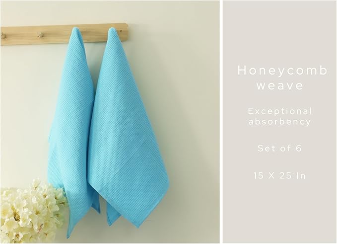 PurpleEssences Waffle Weave Kitchen Towel, 100% Cotton - 15 x 25 Inches, with Hanging Loop Ultra Soft Absorbent Quick Drying Dish Cloth, Tea and Hand Towels, 6 Pack - Fall Thanksgiving - Aqua Blue