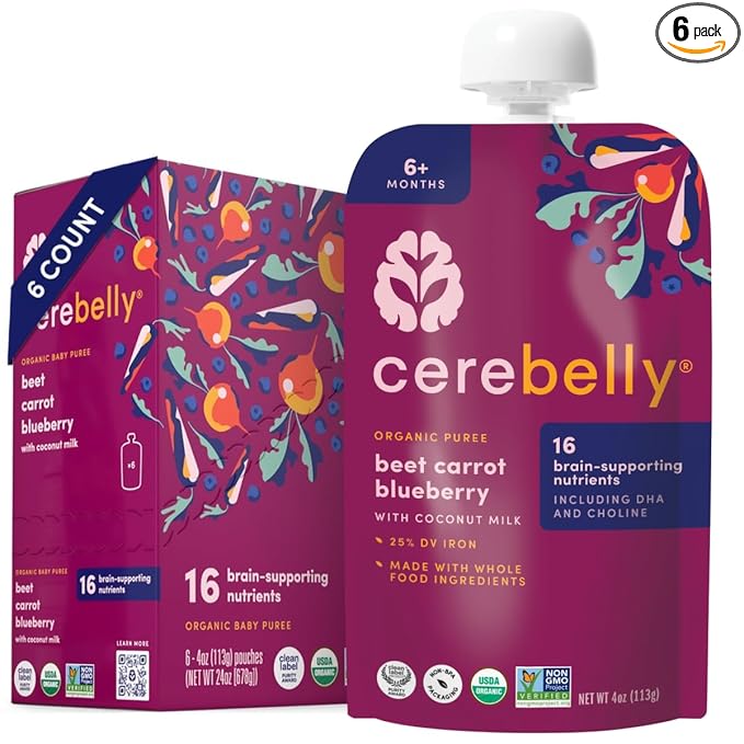 Cerebelly Organic Baby Food Pouches, Beet Carrot Blueberry Purees, 16 Nutrients, No Added Sugar, Fiber & Non-GMO, 4oz, 6 Pack
