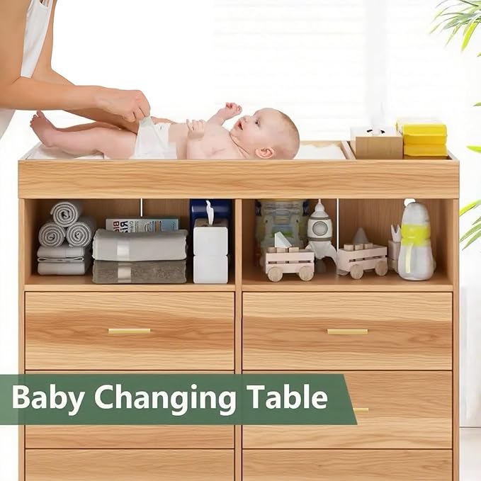 Changing Table Dresser with Drawers, Baby Dresser with Changing Table Top, Power Outlet, LED Light & Metal Feet, Diaper Changing Station Nursery Organizer for Infants Newborn (Natural)