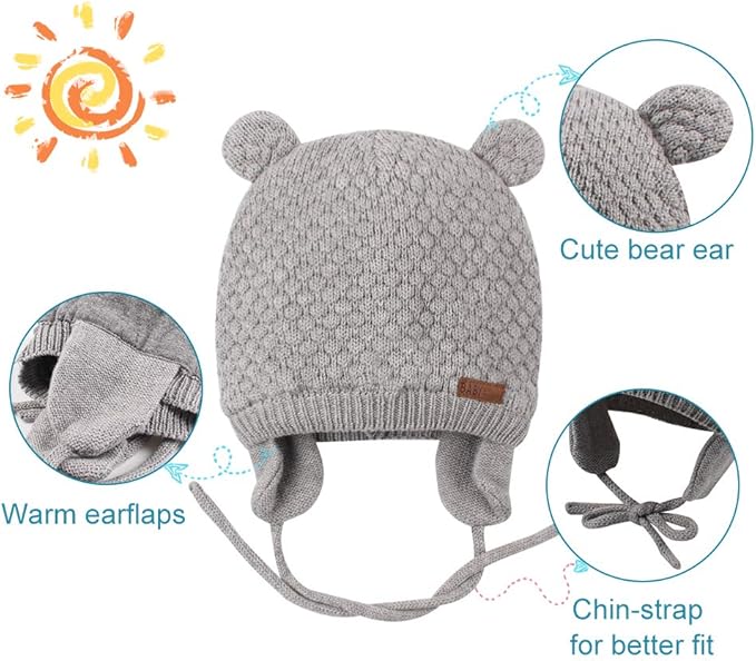 BAVST Baby Beanie Hat for Winter with Earfalp Cute Bear Kids Toddler Girls Boys Warm Knit Cap 0-2Years