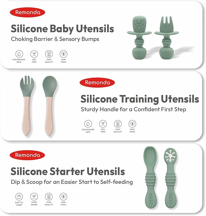 Remonda 23-Piece BPA-Free Silicone Baby Feeding Set | Extra Large Suction Plates, Toddler Bowls, Self Feeding Spoons, and More | Dishwasher Safe| Baby Led Weaning Supplies (Green)
