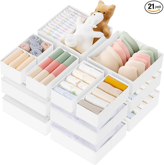 Criusia Drawer Organizer Clothes, 21 Pack Dresser Organizer for Baby Clothes, Underwear, Sock- Foldable Closet Organization and Storage Dividers Bins for Nursery, Bedroom (White)