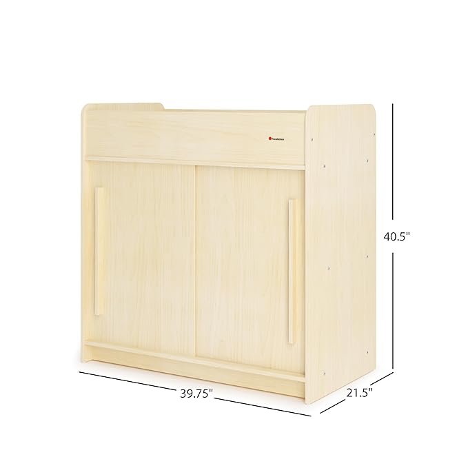 Foundations SafeGlide Daycare Changing Table, Durable Wood Construction, Built-in Shelving for Ample Storage, Gliding Doors, Adjustable Safety Strap, Includes Foam Mattress Pad (Natural)