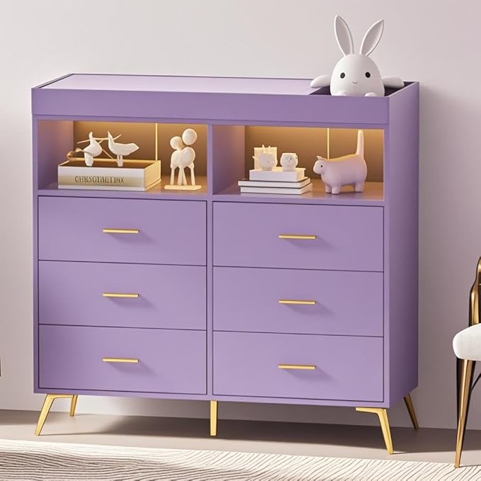 Changing Table Dresser with Drawers, Baby Dresser with Changing Table Top, Power Outlet, LED Light & Metal Feet, Diaper Changing Station Nursery Organizer for Infants Newborn (Purple)