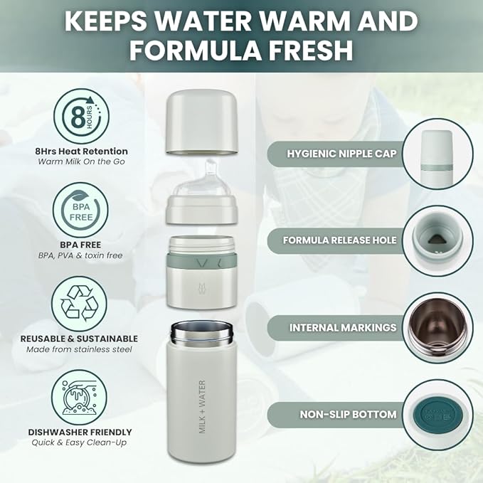 MILK & WATER All in One Baby Bottle & Baby Formula Dispenser On The Go, 9oz - Keeps Water Warm & Formula Fresh - Baby Formula Mixing Bottle with Anti Colic Nipple - Leak-Proof - 3+ Months (Green)