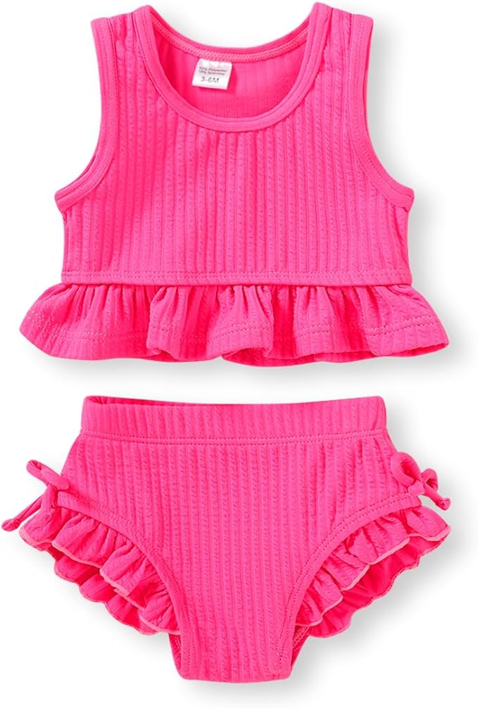 HAPPYMA Baby Swimsuit Toddler Girl Bathing Suit Summer Solid Color Bikini Set Beach Two Piece Swim Wear