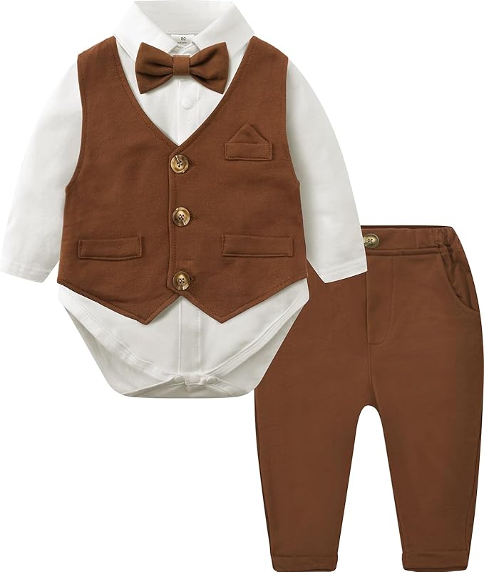 A&J DESIGN Baby Boy Suits Clothes Infant Toddler Formal Gentleman Outfits, Dress Shirt + Vest + Bow Tie + Pants Wedding Set