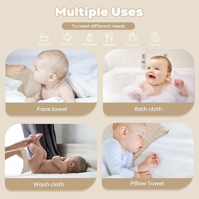 Yoofoss Muslin Baby Washcloths 100% Cotton Face Towels 10 Pack Wash Cloths for Baby 12x12in Soft and Absorbent Baby Wipes (Apricot)