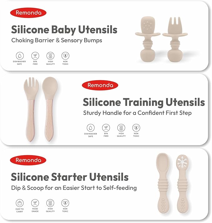 Remonda 23-Piece BPA-Free Silicone Baby Feeding Set | Extra Large Suction Plates, Toddler Bowls, Self Feeding Spoons, and More | Dishwasher Safe| Baby Led Weaning Supplies (Beige)