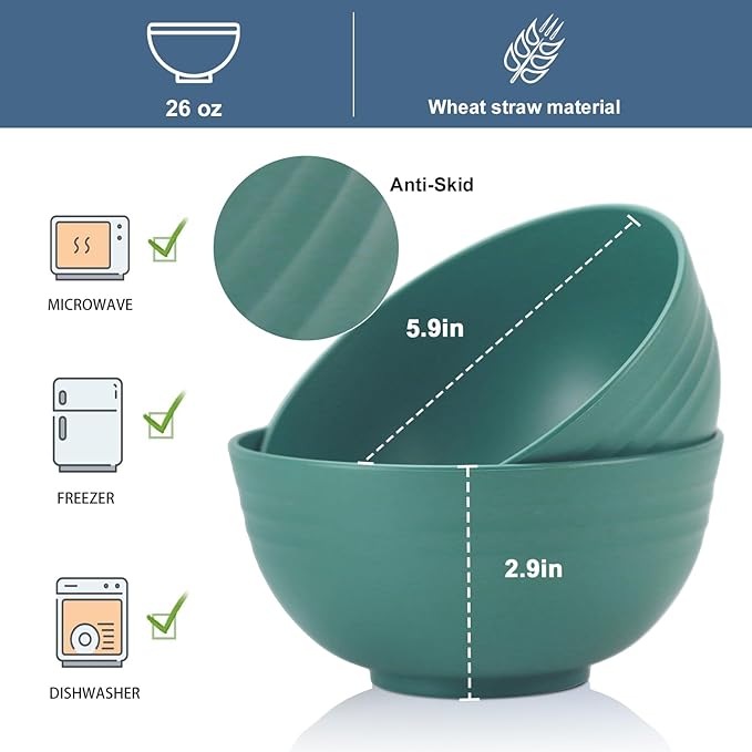 Wrova Wheat Straw Bowl Sets,8 PCS Unbreakable Cereal Bowls 26 OZ,Microwave and Dishwasher Safe Bowls,Kids Bowl suitable for cereal,salad,snack and soup (Green)