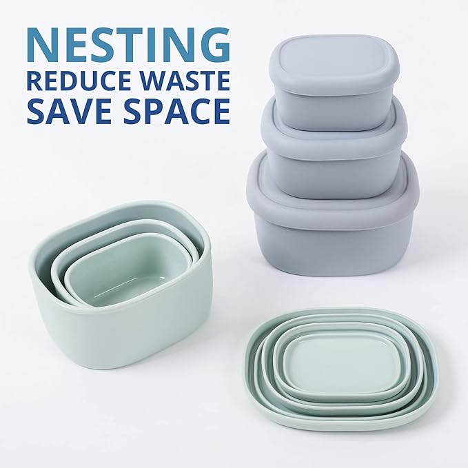 BLUE GINKGO Nesting Silicone Containers - Set of 3 Hard-Shell Silicone Food Storage Containers | BPA Free, Airtight, Dishwasher and Freezer Safe (6.7oz, 10oz, 20oz) - Green