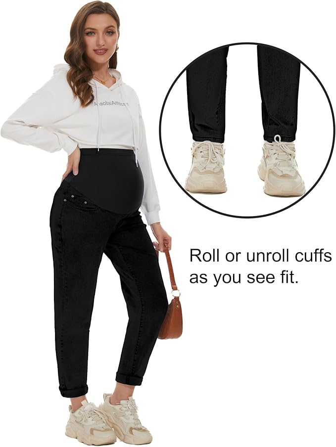 POSHGLAM Women's Maternity Jeans Over Belly Comfy Stretch 28'' Boyfriend Jeans Loose Pregnancy Pants, S-XXL