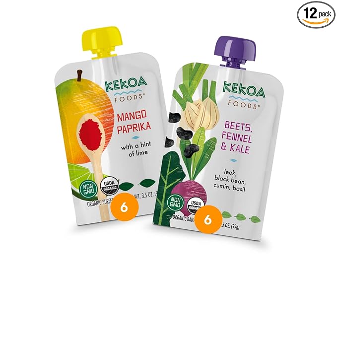 Kekoa Foods 100% USDA Certified-Organic Vegetarian Baby Food Puree Starter Pack: Gluten-Free, Vegan 3.5 oz Squeeze Pouches (12 Pack) | Beets, Fennel & Kale, Mango Paprika | Non-GMO, Nutrient-Rich