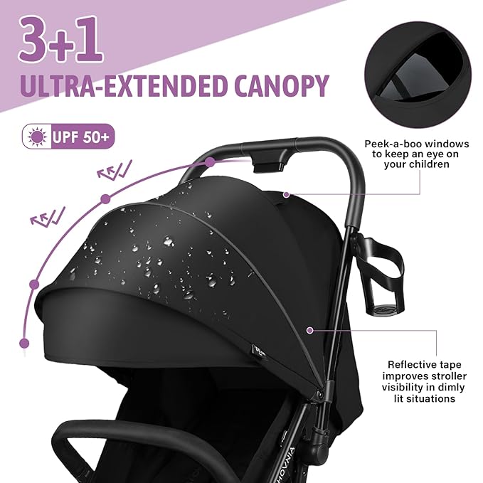 Lightweight Stroller, One-Hand Fold Compact Travel Stroller from Birth to 55 lbs, UPF 50+ Large Canopy & 5-Point Harness, Adjustable Reclining Seat- Black