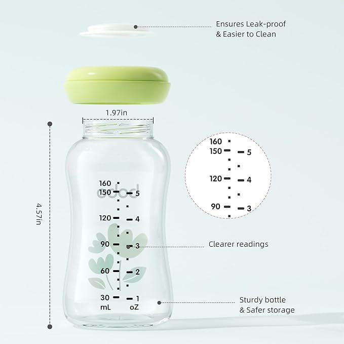 YOHKOH Glass Breast Milk Storage Bottles - 100% Leak-Proof, BPA-Free Breastmilk Storage Containers, Freezer & Dishwasher Safe, Ideal for Nursing Mothers (Green, 5.4oz (Pack of 6))