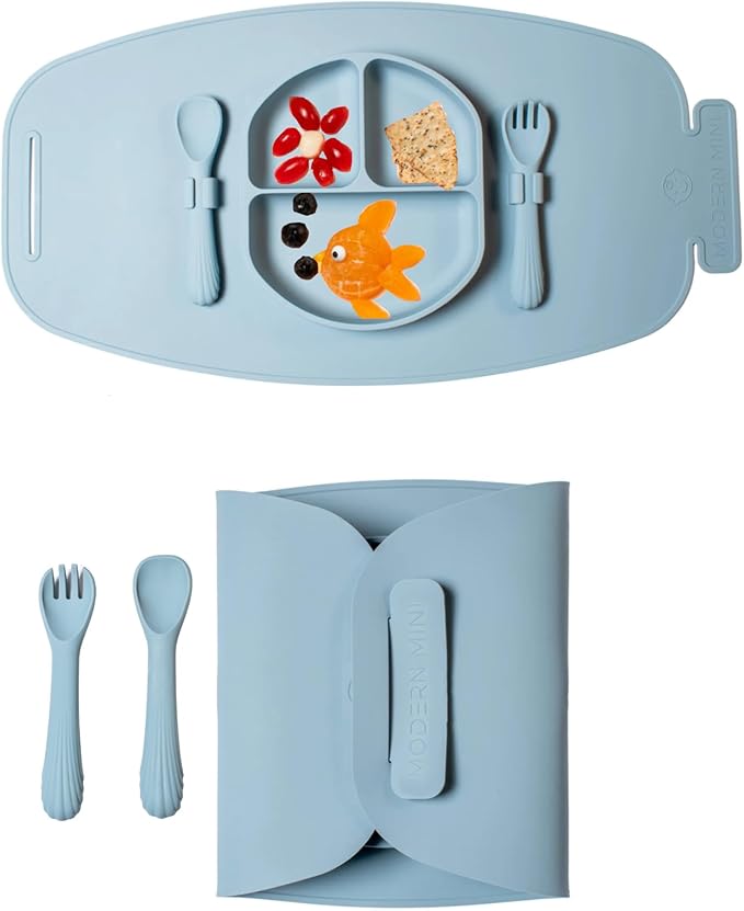 Modern Mini - Silicone Suction Plate for Baby and Toddler, Divided Plate with Fork & Spoon - Unbreakable, Non-Toxic, Food Grade Silicone, Strong Suction Grip, Spill Proof & Foldable for Travel!