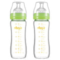 Matyz Glass Breastmilk Baby Feeding Bottle with Nipple, 2 Pack, 8 oz Slim and Light Bottle Easy to Hold, Food Grade Borosilicate Glass, Wide Neck Easy to Clean, No BPA (Green Lids)