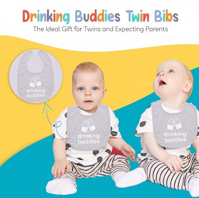 100% Cotton Drinking Buddies Twin Bibs Cute & Practical Unisex Bibs for Twins with Waterproof, Durable, for Everyday Use