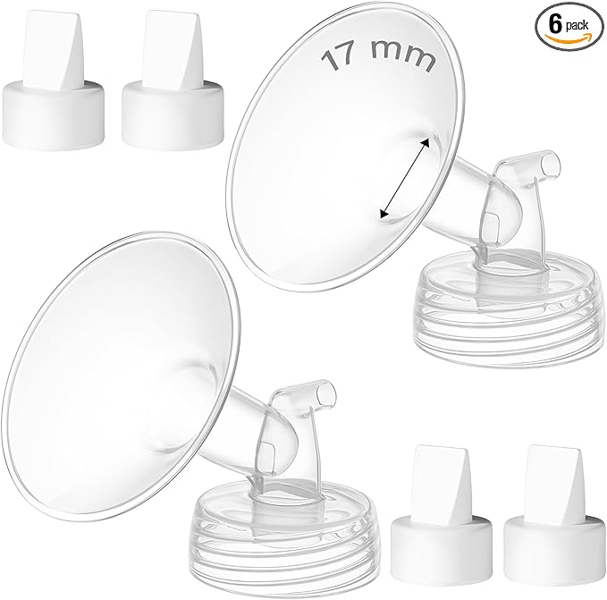 6PCS 17mm Breast Pump Flanges, Duckbill Valves Compatible with Spectra S1/S2/9Plus/Synergy Gold, Motif Luna, Wide-Mouth Bottle Fit, Breast Pump Accessories