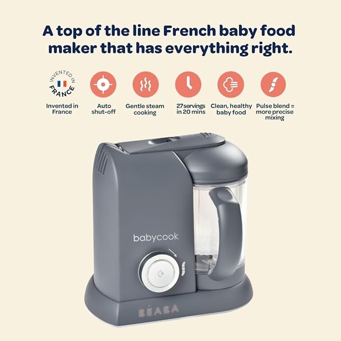 BEABA Babycook Solo 4 in 1 Baby Food Maker, Puree Steamer and Blender for Purees, Grinder with Auto Steam Cooking, Lrg Capacity 4.5 Cups 27 Servings in 20 Mins, Eucalyptus