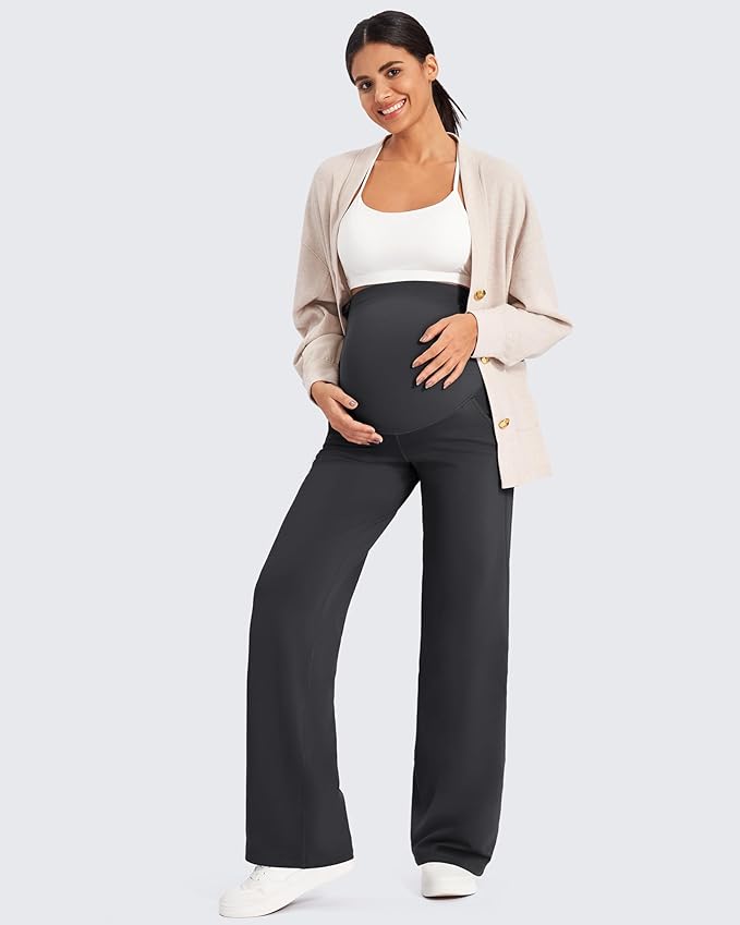 G4Free Fleece Lined Maternity Yoga Pants Over The Belly Stretchy Wide Leg Warm Pregnancy Work Trousers with Pockets