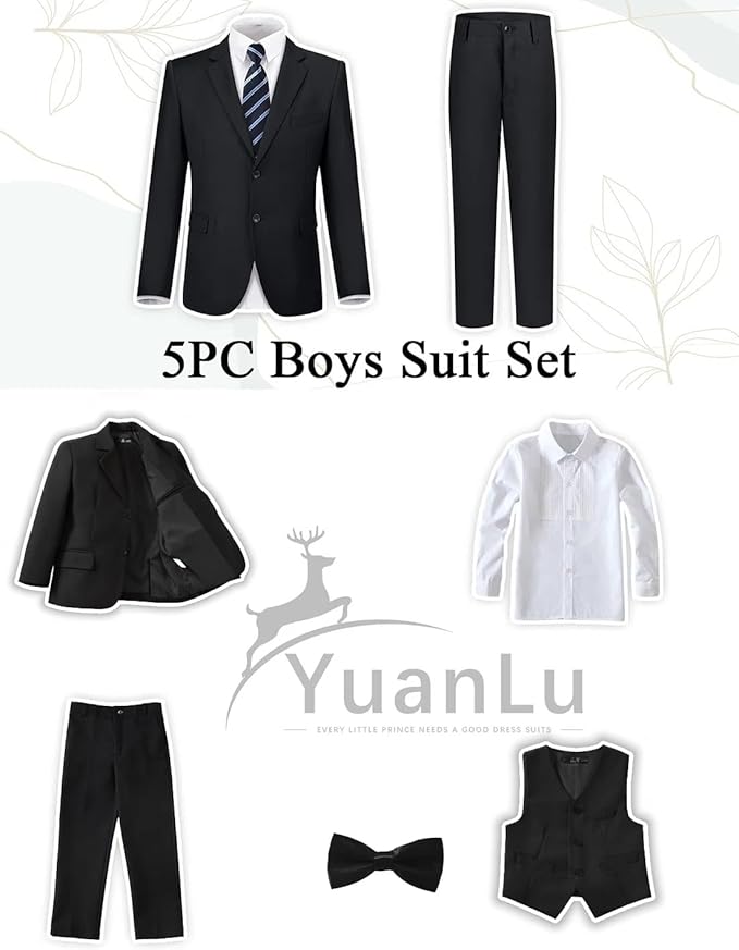 YuanLu Boys Suit for Kids Tuxedo Wedding Ring Bearer Outfit, 5 Piece Boy Slim Fit Formal Suits with Adjustable Waist