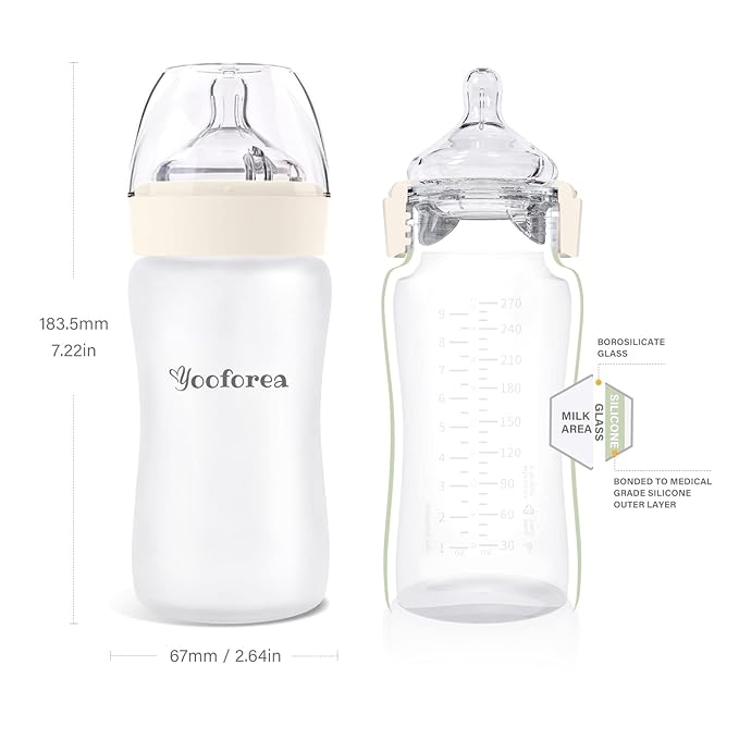 Yooforea Silicone Coated Glass Baby Bottle, 6M+ Fast Flow Nipple I Anti-Colic, Wide Neck, Stable Base I Medical-Grade Silicone Coating for Shatter Protection, BPA BPS PVC Free (9 Ounce-Cream)