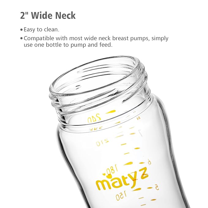 Matyz Glass Breastmilk Baby Feeding Bottle with Nipple, 4 Pack, 8 oz Slim and Light Bottle Easy to Hold, Food Grade Borosilicate Glass, Wide Neck Easy to Clean, No BPA (Blue Lids)