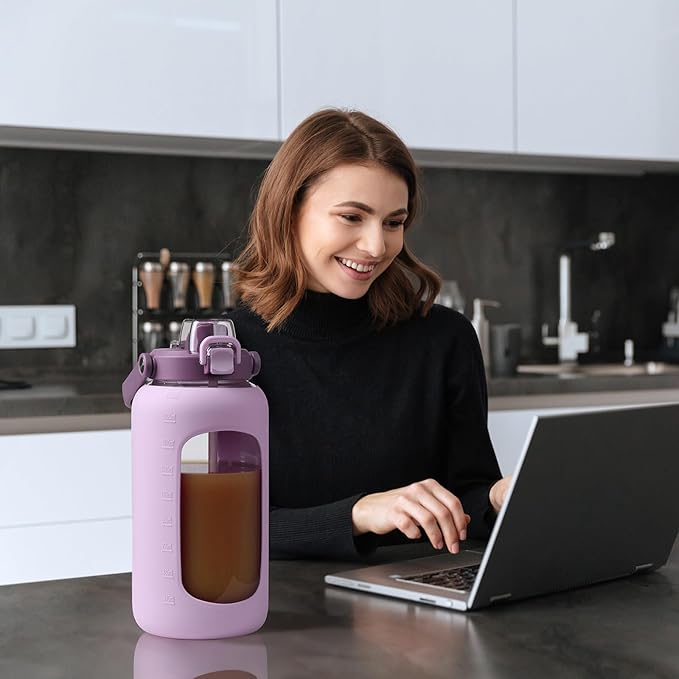 72oz Glass Water Bottle with 2-IN-1 Straw &Chug Lid, Large Motivational Glass Bottle with Capacity Marker and Silicone Sleeve, 2.1Liter Gallon Water Jug for Home, Sports, Gym, BPA Free-Light Purple