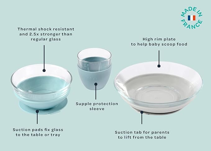 BEABA 3-Piece Glass Meal Set with Silicone Suction, Toddler Plate and Baby Bowls with Suction, Non Slip Kids Dinnerware Set, 2.5x Stronger than Regular Glass, (Rain)