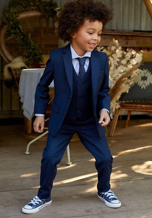 Boys Suit 4 Piece Slim Fit Kids Tuxedo Suit Formal Wedding Outfit Blazer Vest Pants Set with Tie