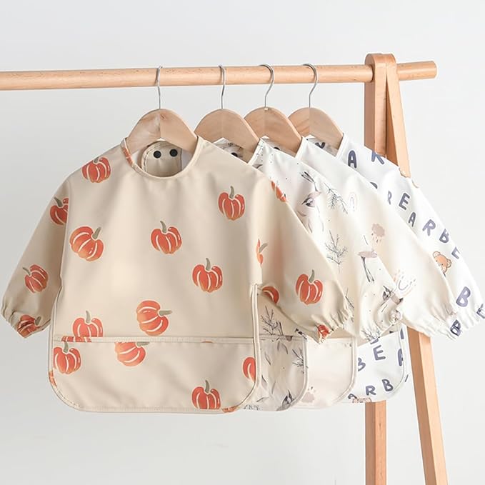 GZMM Waterproof Baby Bibs,Infant Toddler Long Sleeve Feeding Bib With Food Catcher,Easy Clean & Washable