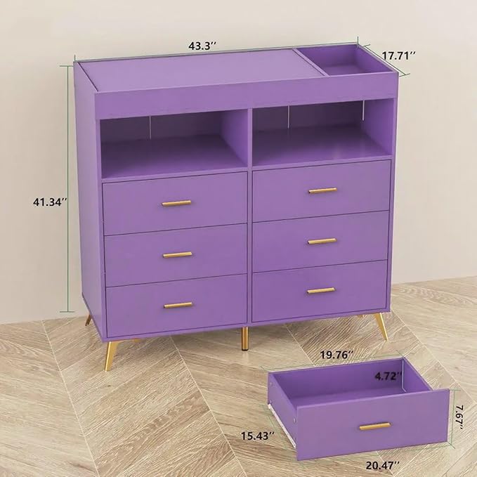 Changing Table Dresser with Drawers, Baby Dresser with Changing Table Top, Power Outlet, LED Light & Metal Feet, Diaper Changing Station Nursery Organizer for Infants Newborn (Purple)