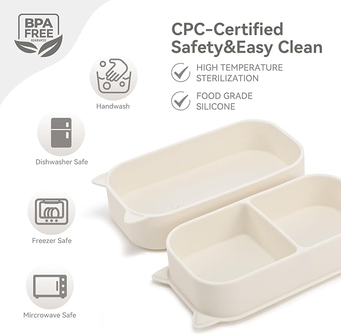 Portable Baby Plates with Suction, 6Pcs Travel Silicone Feeding Set for Toddlers, Foldable, Non-Slip Dishwasher Safe Plates & Utensils, BPA Free, Cat Design Gift Ready (Beige)