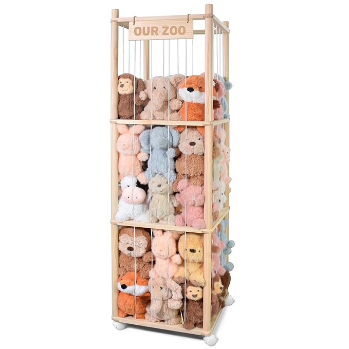 Stuffed Animal Storage, Wooden Cute Zoo Toy Holder with Brake Wheels, Space Save Toy Organizer, Large Capacity Stuffed Animal Holder, Perfect for Nursery Playroom Kidroom Bedroom-54 Inch