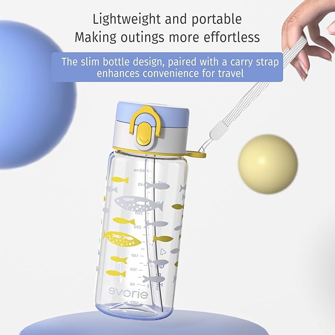 Evorie Tritan Kids Water Bottle for School with Straw, 13oz BPA Free Leak Proof Drinking Cup, Lightweight and Durable Drink Bottle (Ocean Blue)