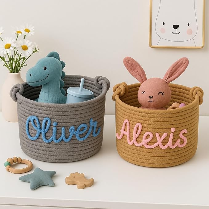 MBBEST Personalized Baby Shower Basket – Custom Rope Cotton Babys Basket with Name – Newborn Keepsake, Nursery Storage, Small Diaper Caddy Organizer, Cute Girl & Boy Baby Gifts