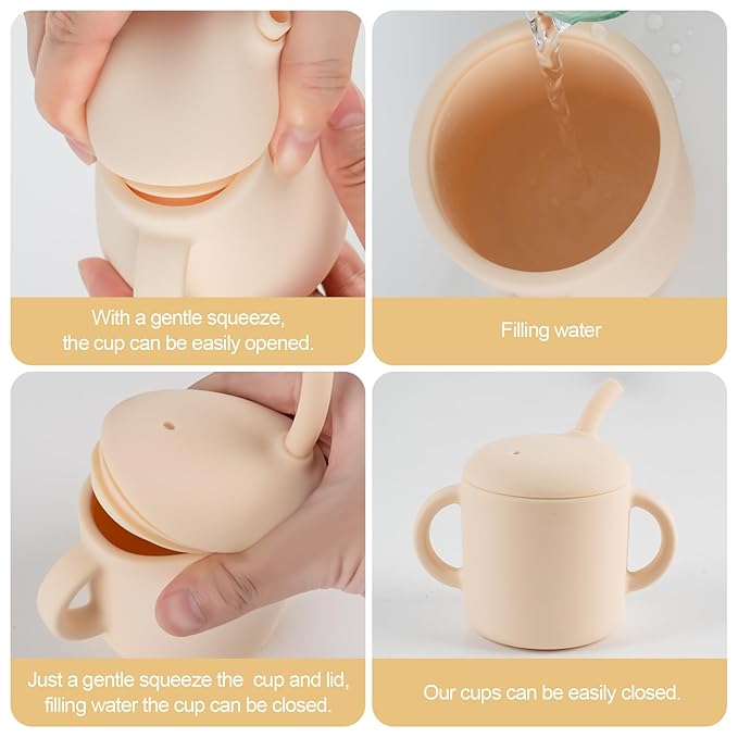 Silicone Baby Cup with Straw, Straw Cup for 6 months+ old, Leak Proof Silicone Baby Training Cup 6 fl oz (Green+Beige)