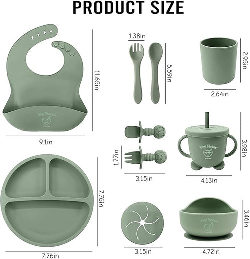 10-Piece Silicone Baby Feeding Set – BPA-Free, Spill-Proof Suction Plate, Bowl, Bib, Snack Cup & Utensils | Dishwasher Safe, Baby Gift Ready (Green)