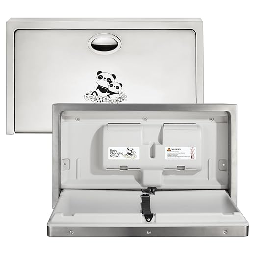 Panda Care Stainless Steel Surface Mounted Baby Changing Station, Heavy Duty Foldable Diaper Changing Table with Liner Dispenser and Adjustable Safety Belt for Commercial and Business